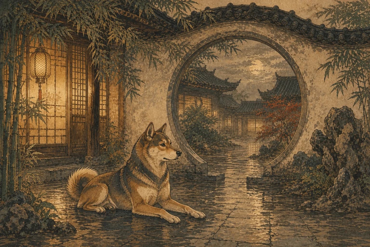 Dog in a traditional Chinese landscape