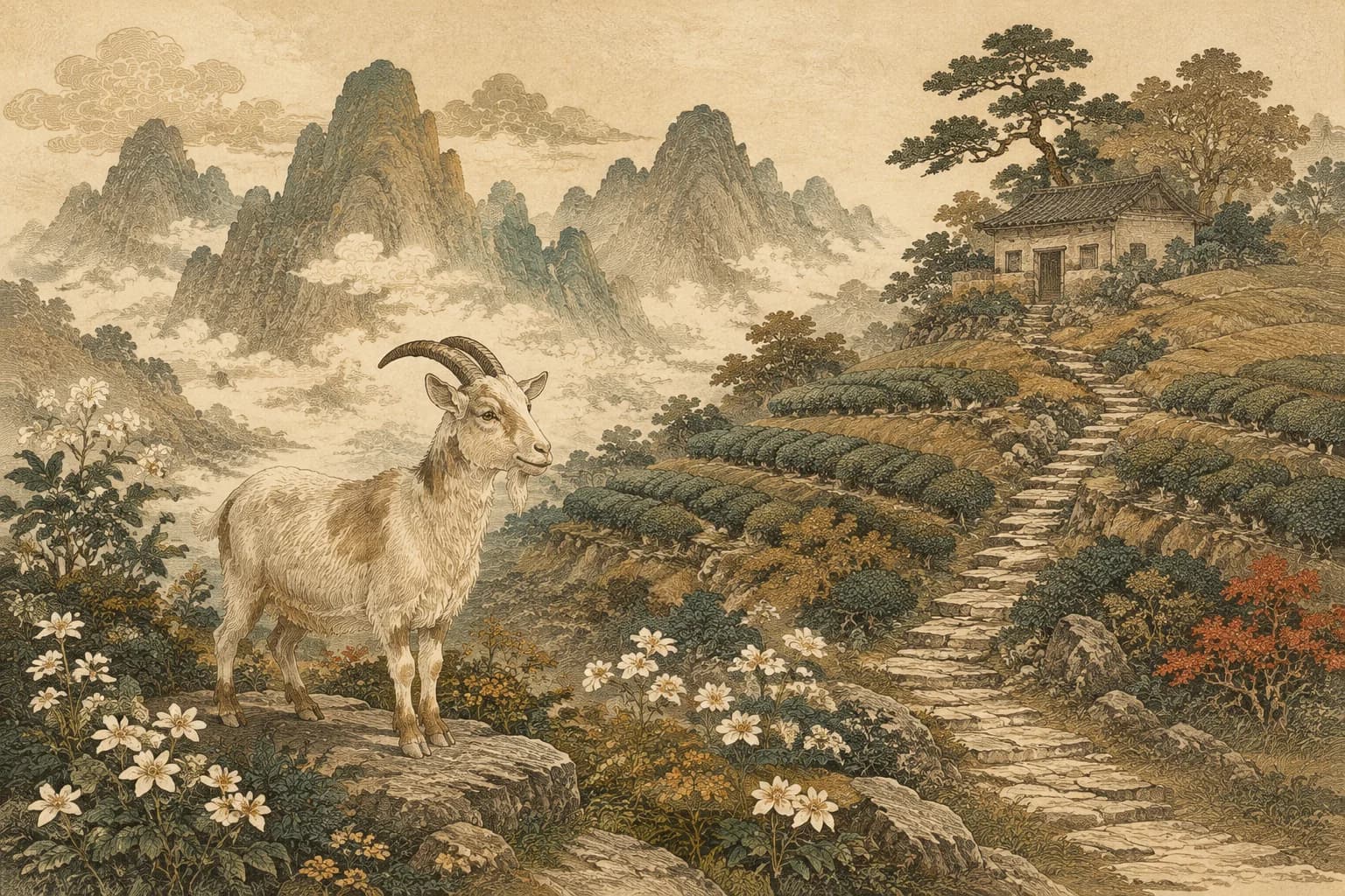 Goat in a traditional Chinese landscape
