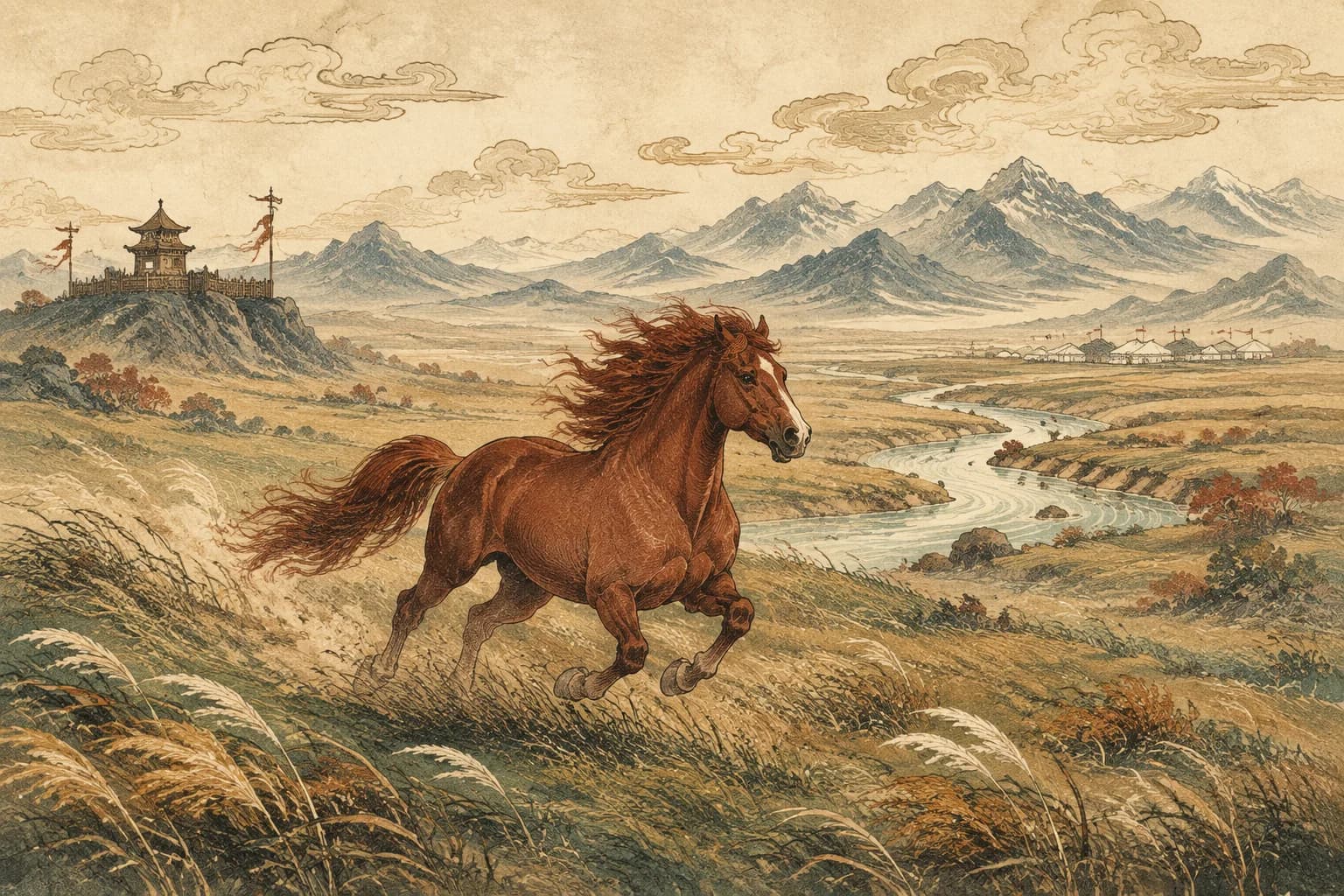 Horse in a traditional Chinese landscape