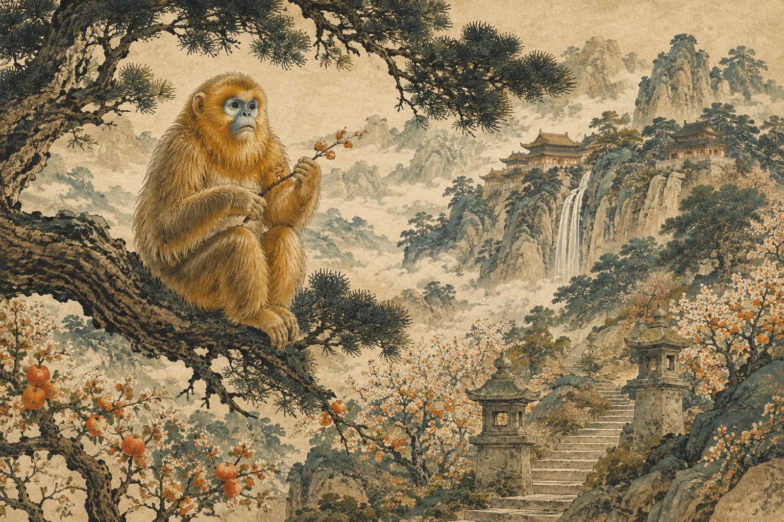 Monkey in a traditional Chinese landscape