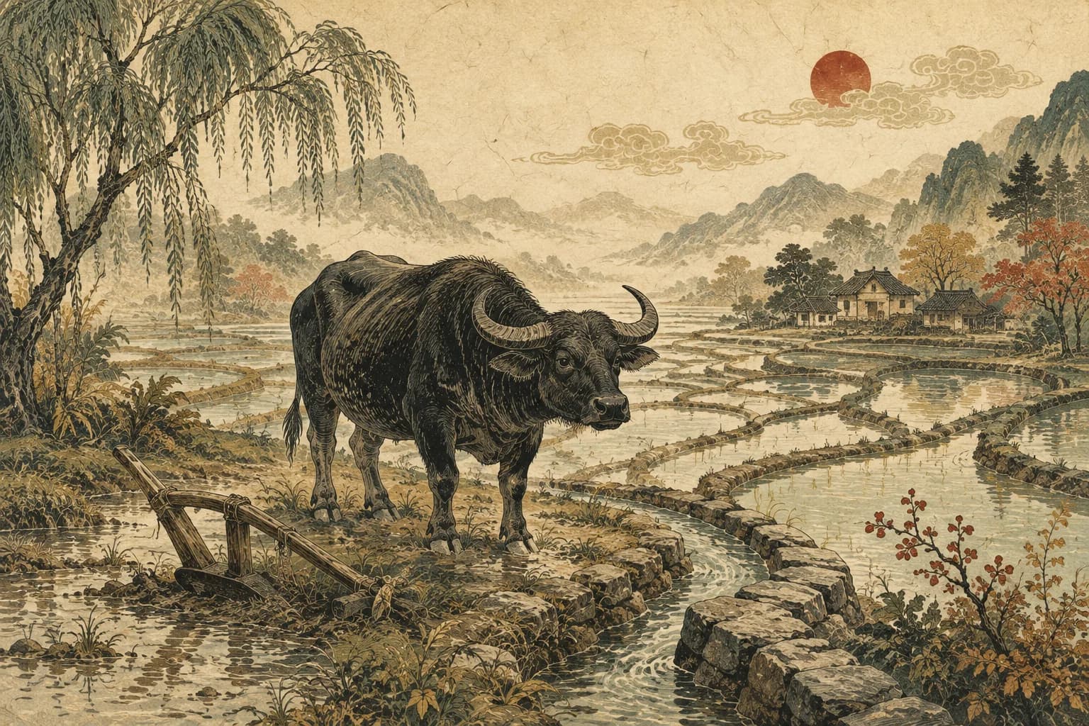 Ox in a traditional Chinese landscape