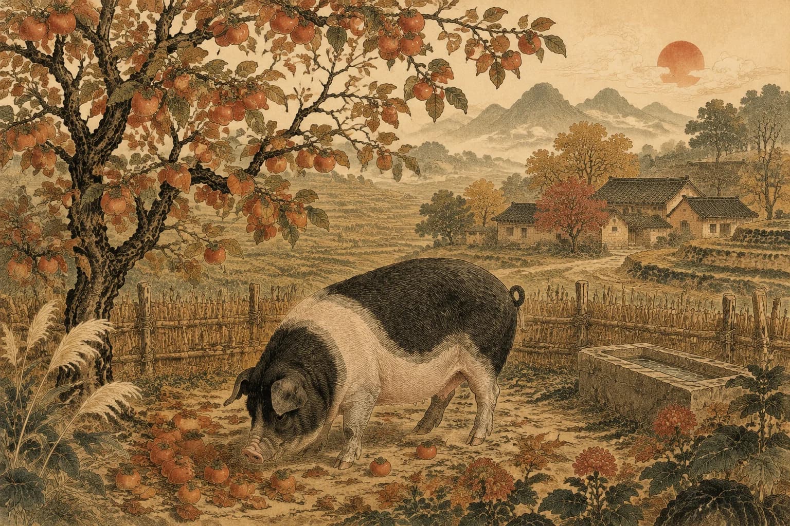 Pig in a traditional Chinese landscape