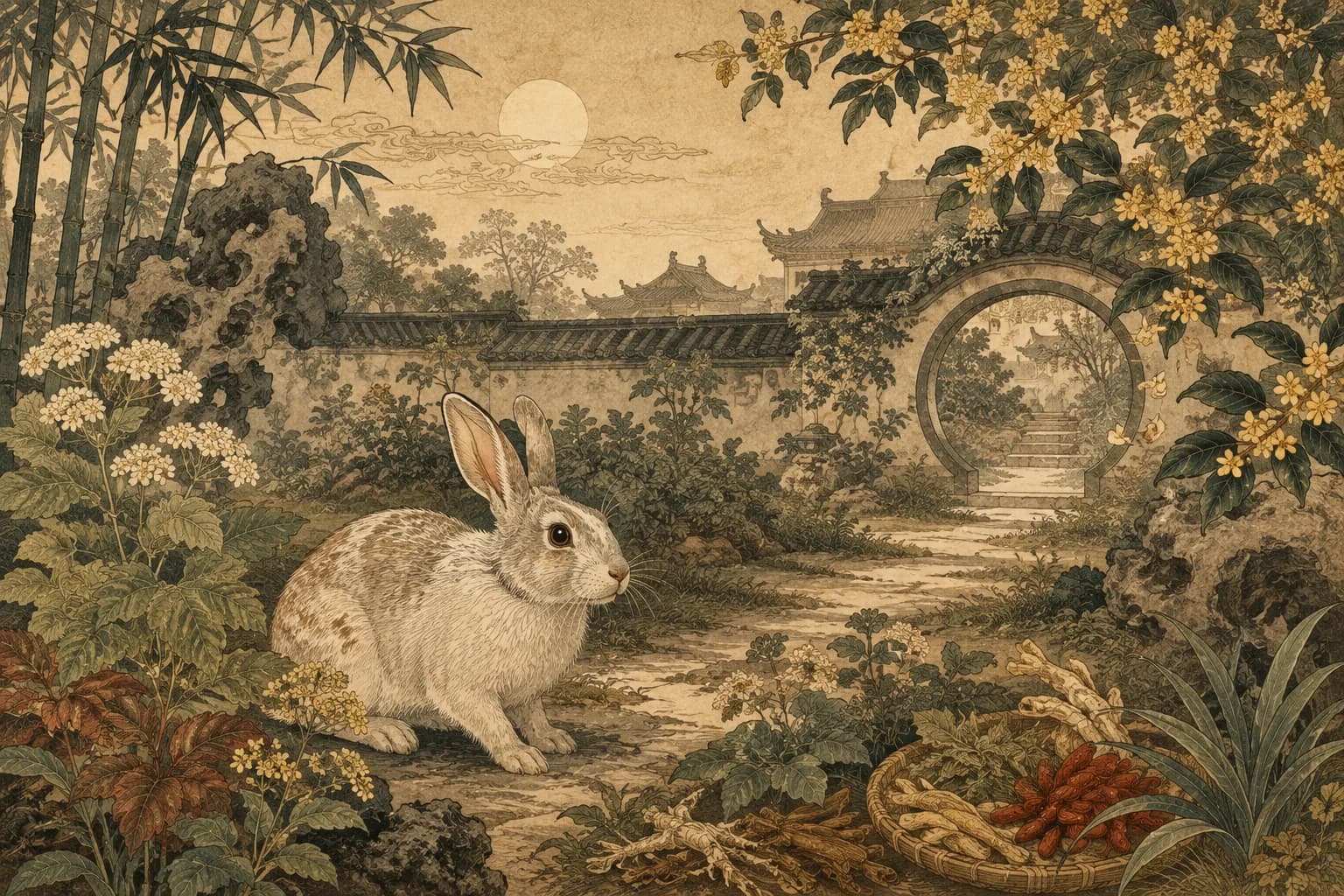 Rabbit in a traditional Chinese landscape