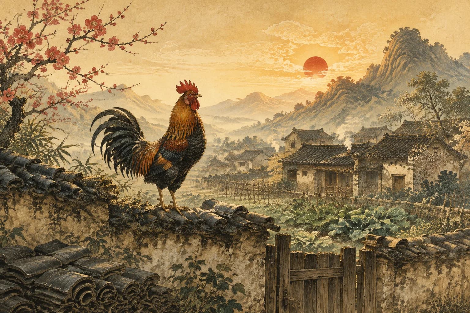 Rooster in a traditional Chinese landscape