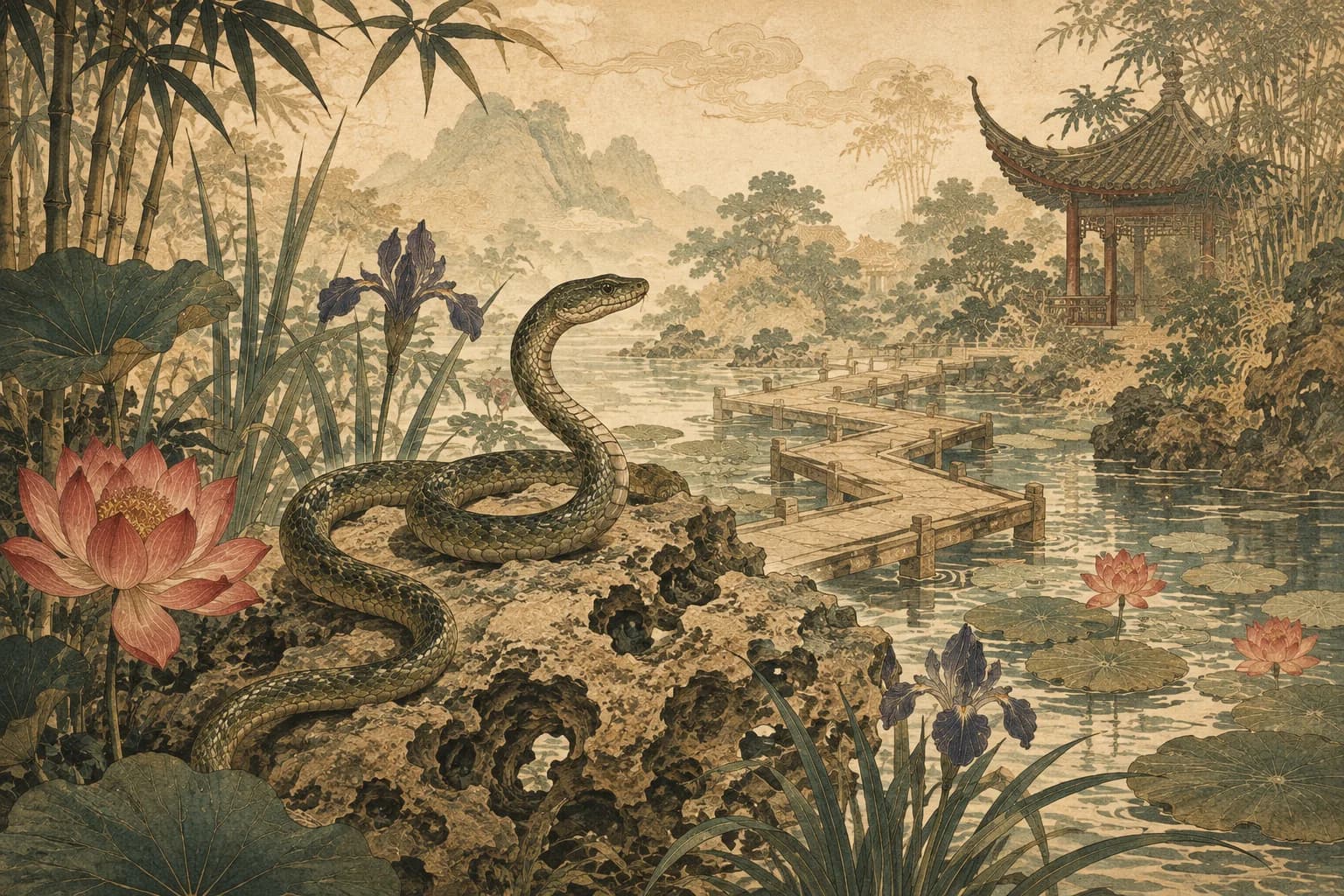 Snake in a traditional Chinese landscape