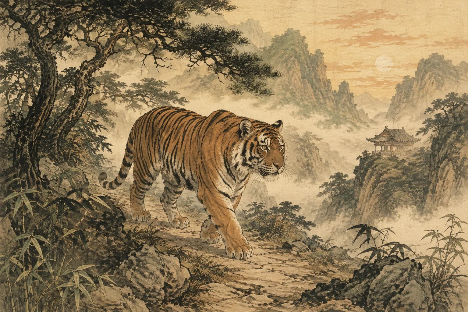 Tiger in a traditional Chinese landscape