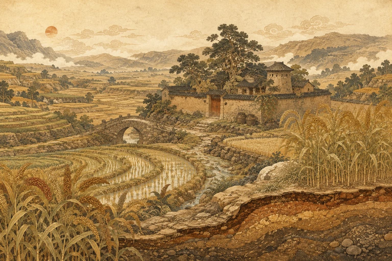 Earth phase shown through a traditional landscape scene