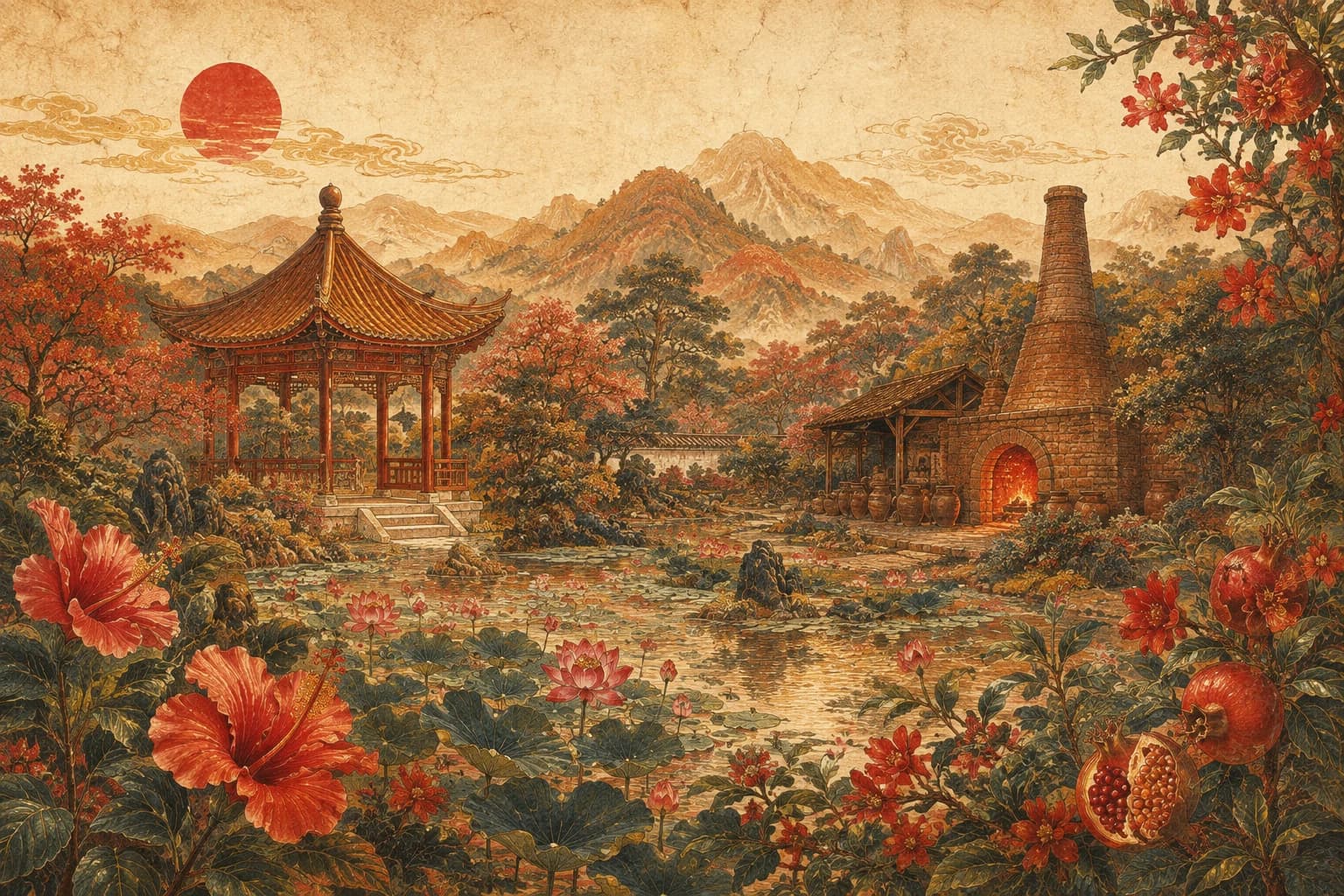 A summer garden of red blossoms, a kiln, pavilion and sunlit mountains