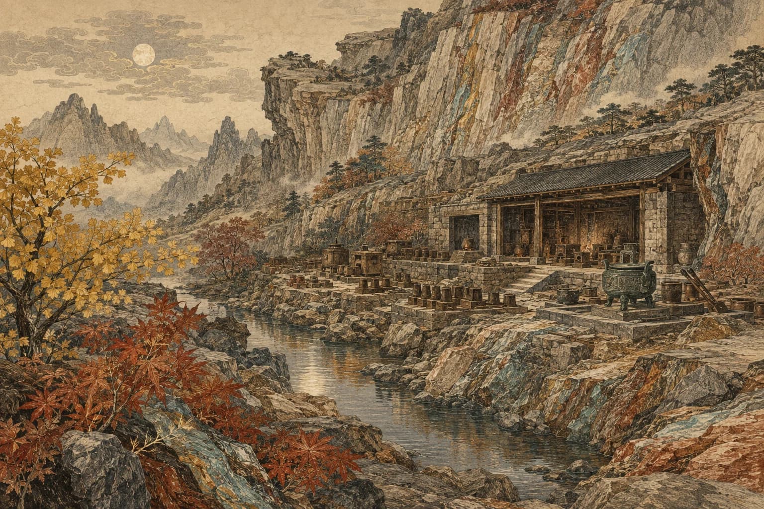 Metal phase shown through a traditional landscape scene