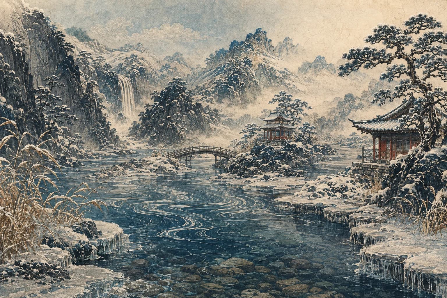 A winter river winding through snow-covered mountains and pavilions
