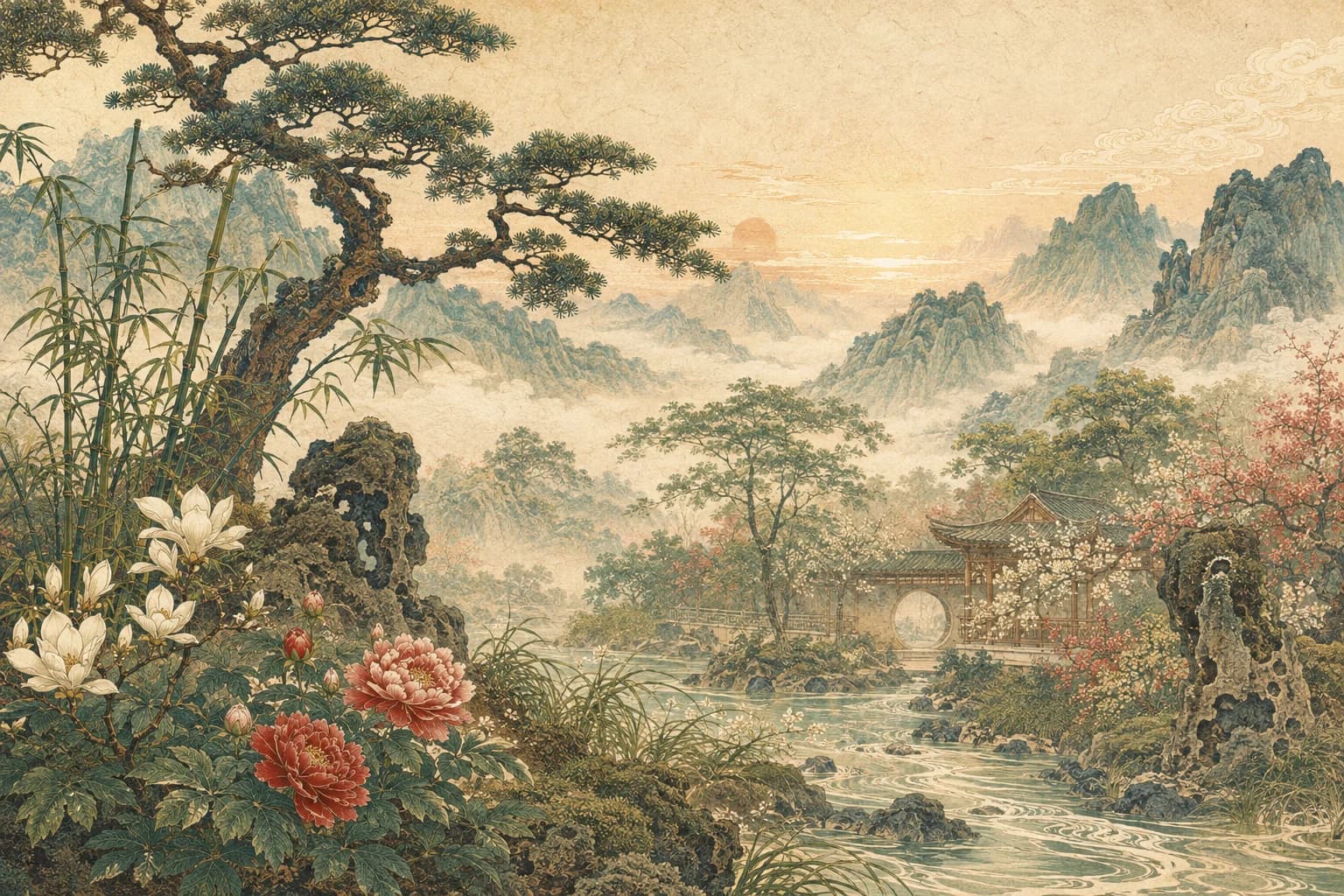 Wood phase shown through a traditional landscape scene
