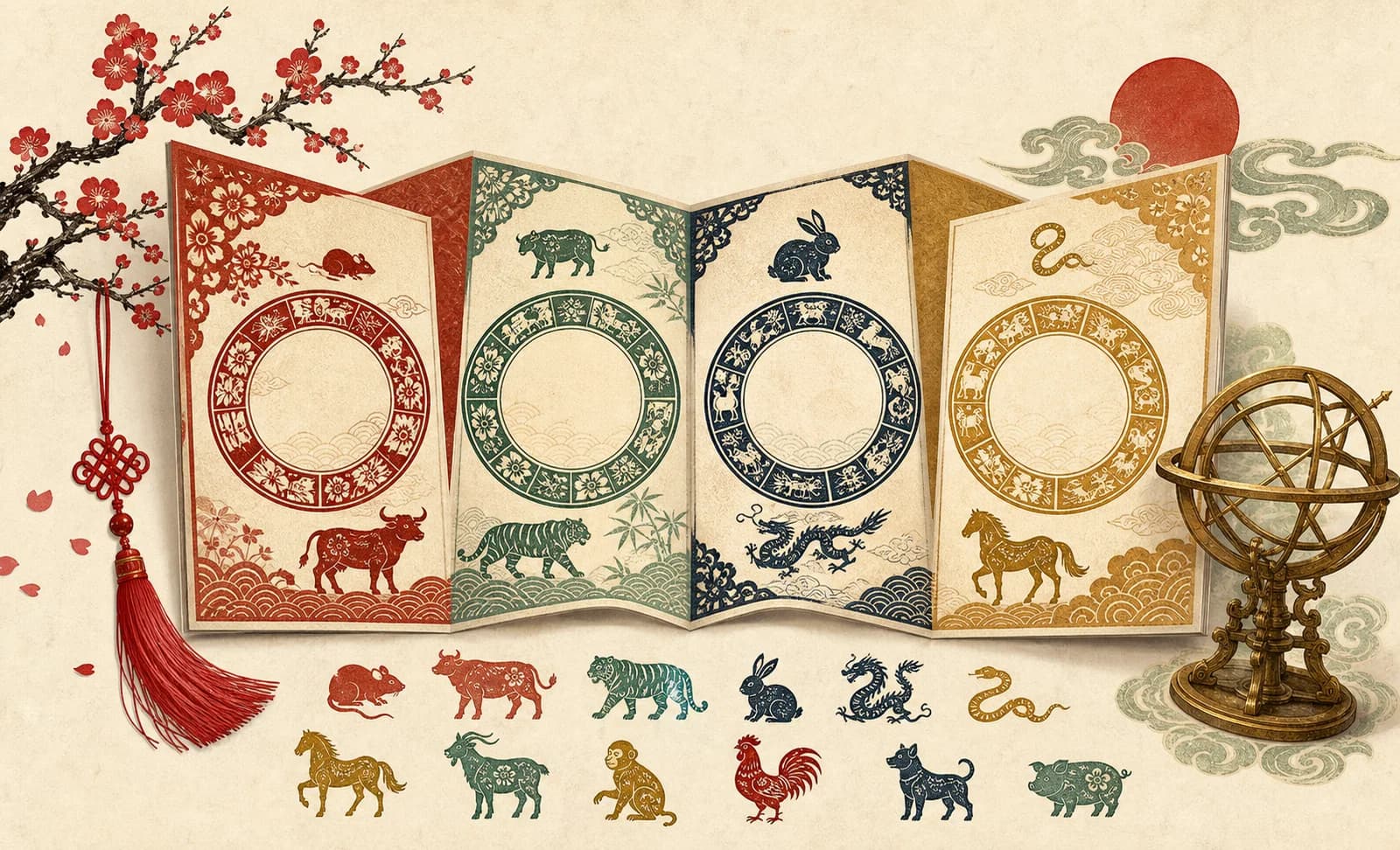 A woodblock-style folded almanac with four zodiac calendar panels