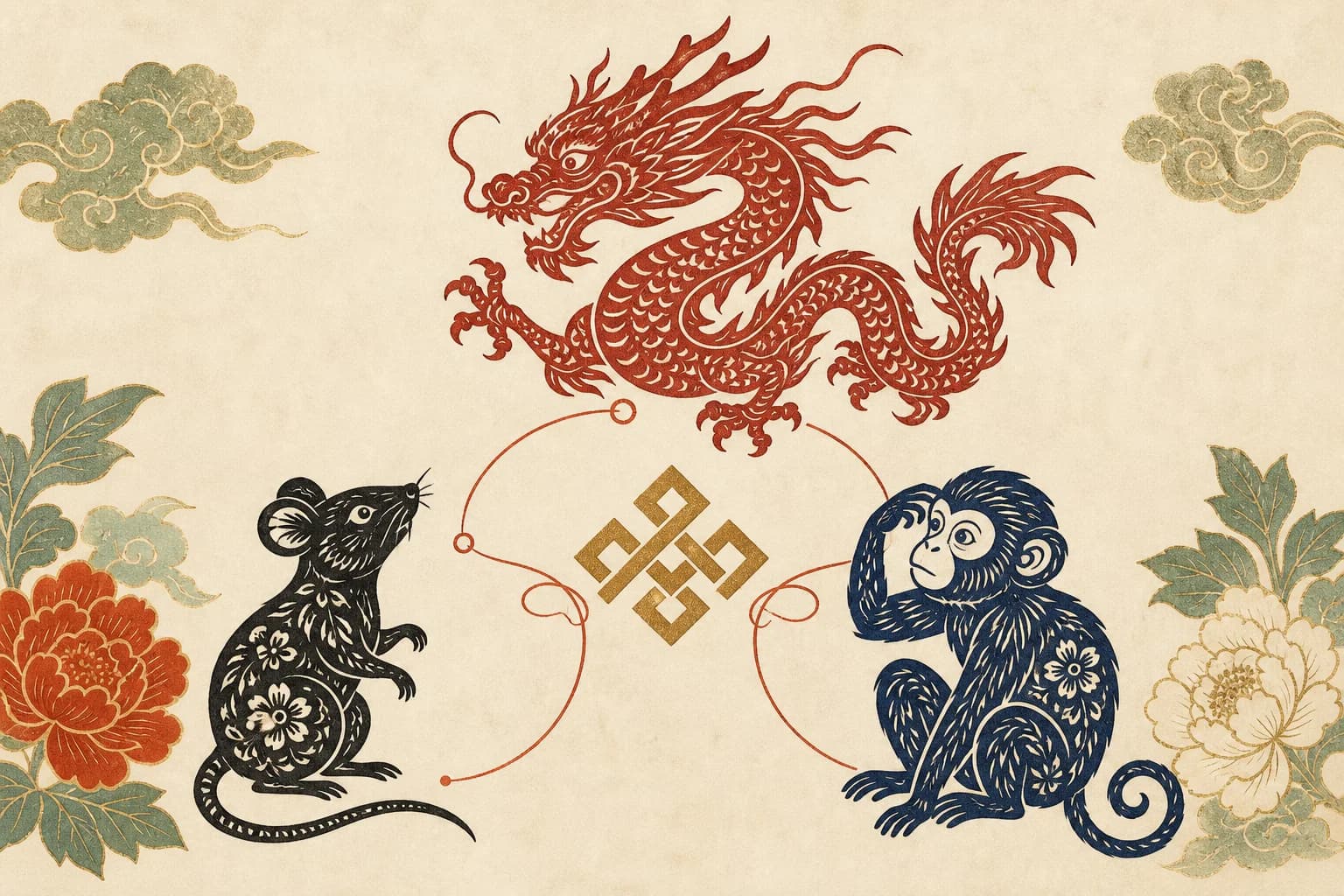 Paper-cut Rat, Dragon and Monkey arranged around an endless-knot motif