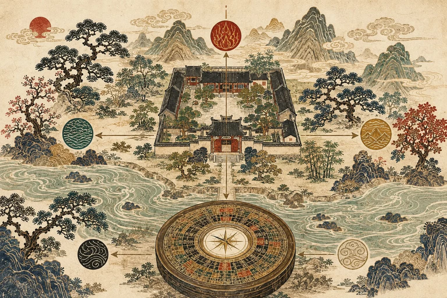 An illustrated luopan compass set before a courtyard and the five phase landscapes