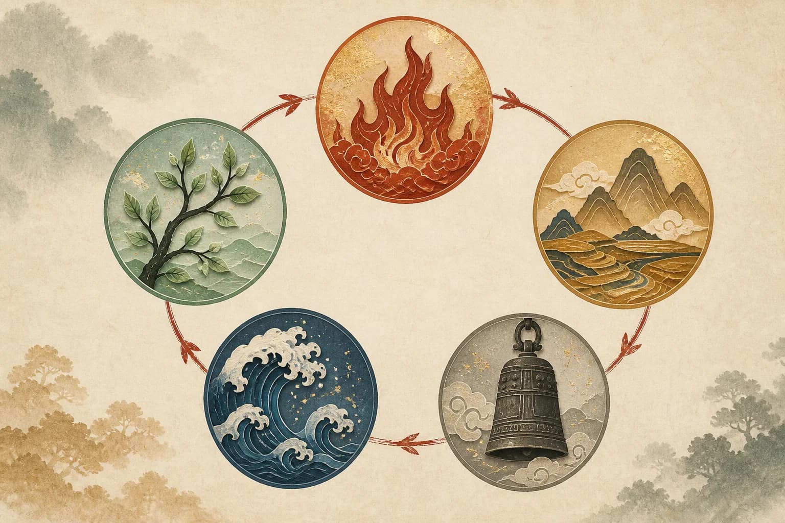 Five woodblock medallions joined in a cycle for Wood, Fire, Earth, Metal and Water