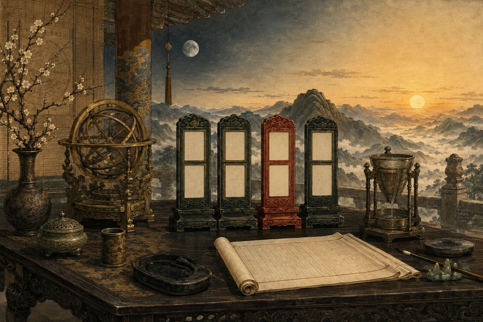 Four inscribed chart tablets in a Chinese observatory pavilion at the turn from night to dawn