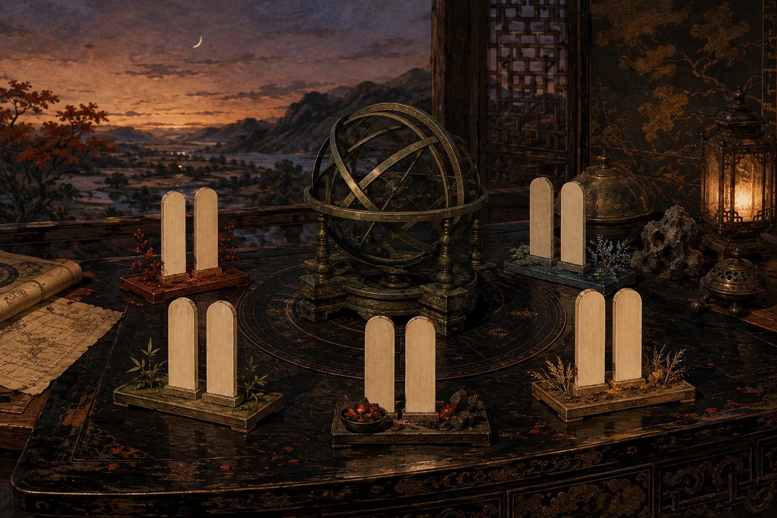 Ten blank tally tablets arranged in five pairs around a bronze armillary instrument