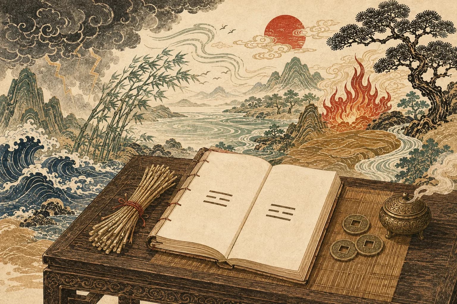An illustrated yarrow-stalk oracle table before a landscape of changing weather