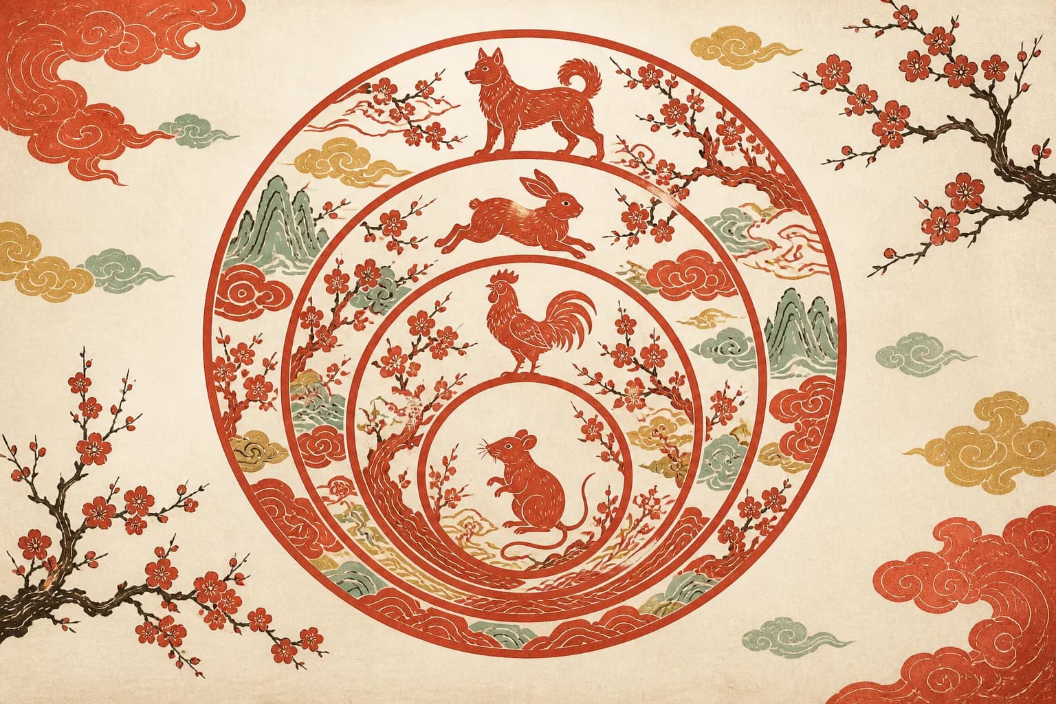 Four nested zodiac rings illustrating year, month, day and hour layers