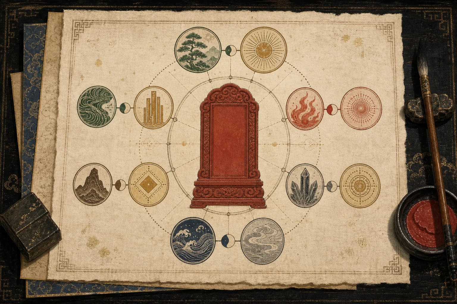 A scholar's relationship chart with a central Day Master tablet and ten paired medallions