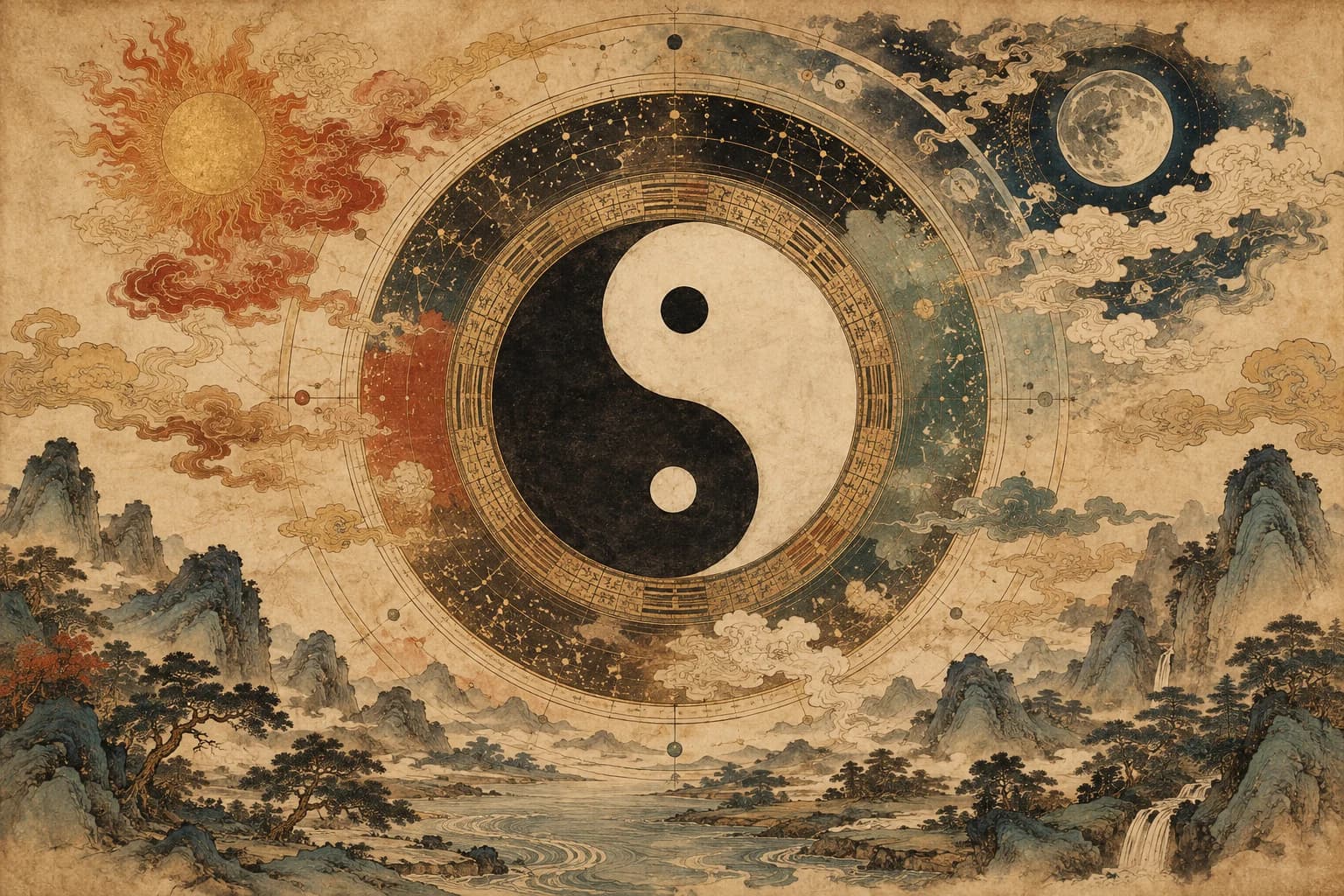 An antique painted cosmology chart with a central yin-yang symbol, sun, moon, clouds and mountains
