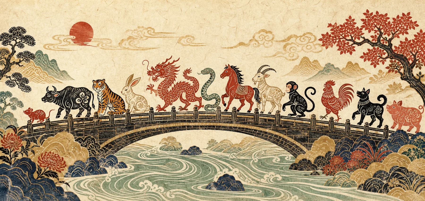 The twelve zodiac animals crossing a bridge in a woodblock-style procession